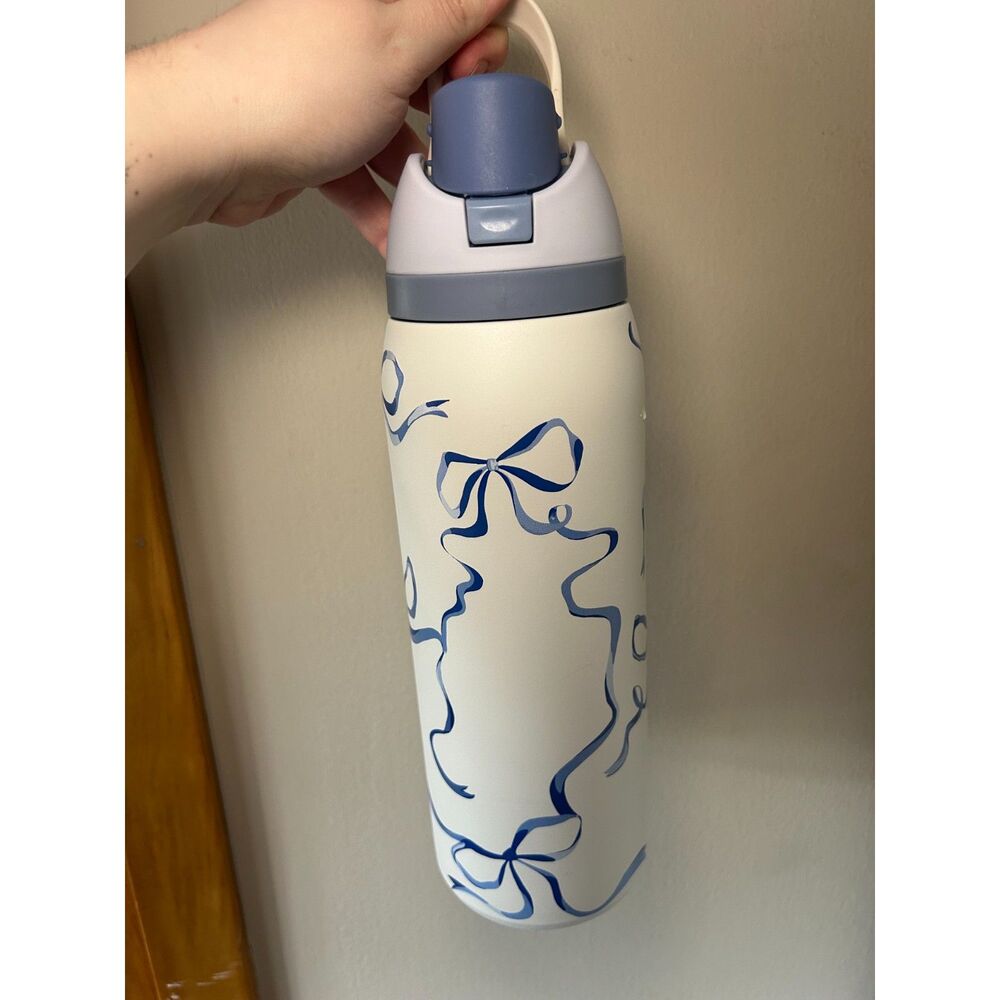 Blue Bow Coquette Water Bottle 24oz Stainless Steel Insulated Straw Lid Cream